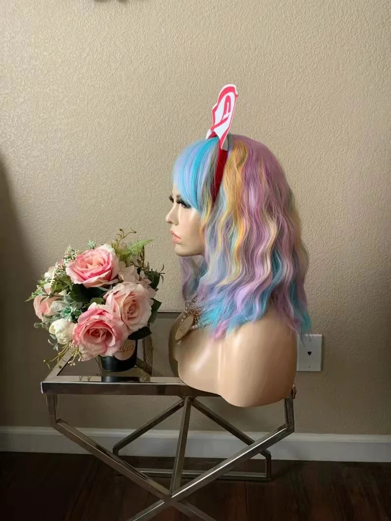 14" Women Short Wavy Curly Wig Rainbow Bob Wig Cosplay Halloween Synthetic Wigs With Neat Bang Wig  Rainbow