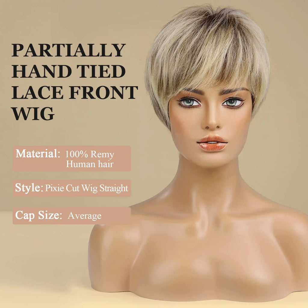 Blonde Highlight Lace Front Human Hair Wigs for Black Women Short Pixie Cut Wig WIth Bangs Natural Straight 100% Remy Human Hair