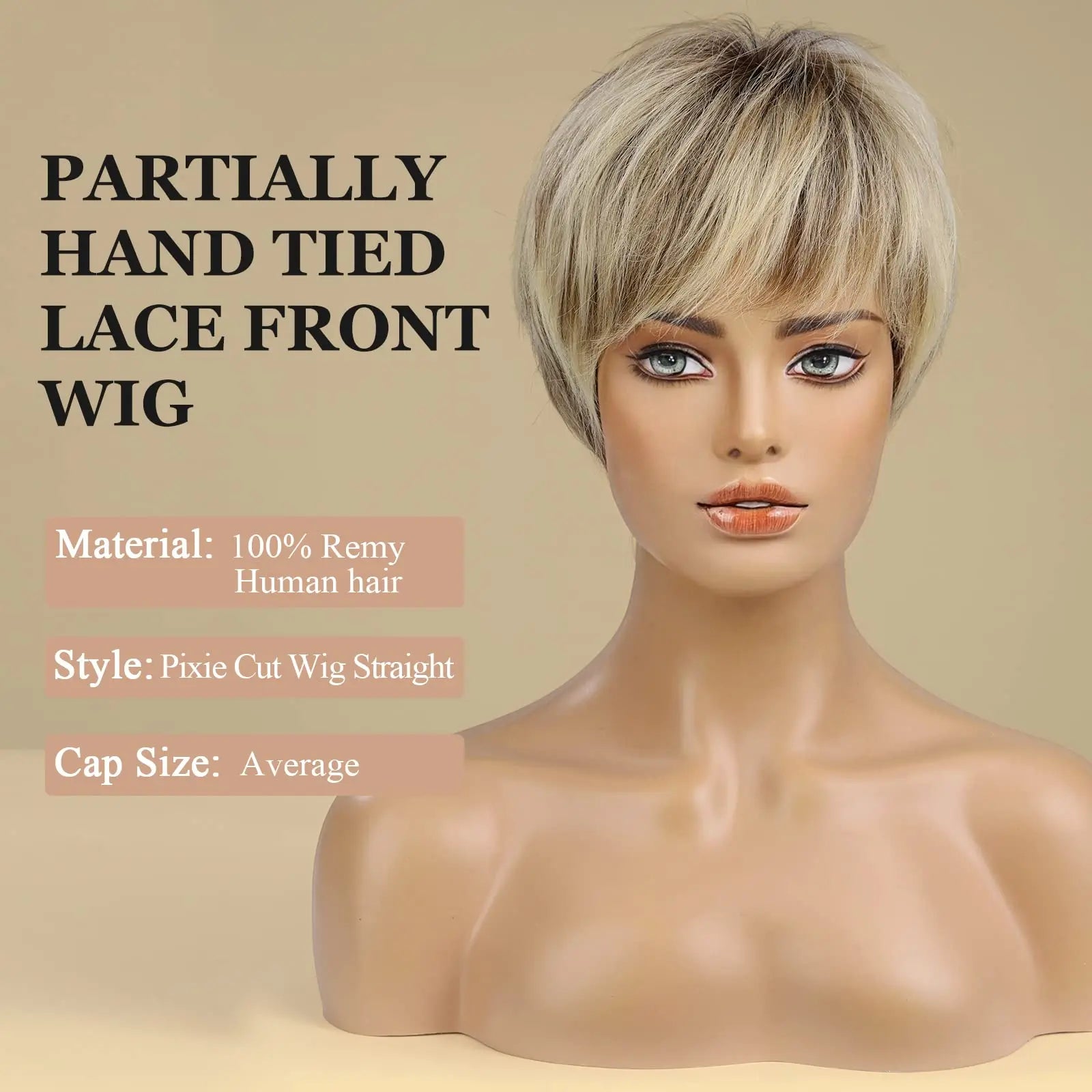 Blonde Highlight Lace Front Human Hair Wigs for Black Women Short Pixie Cut Wig WIth Bangs Natural Straight 100% Remy Human Hair