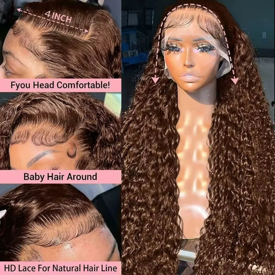 250% Density Chocolate Brown Deep Wave Wigs Human Hair 13x4 13x6 HD Lace Front Human Hair Wig 30 40 Inch Lace Frontal Curly Wig