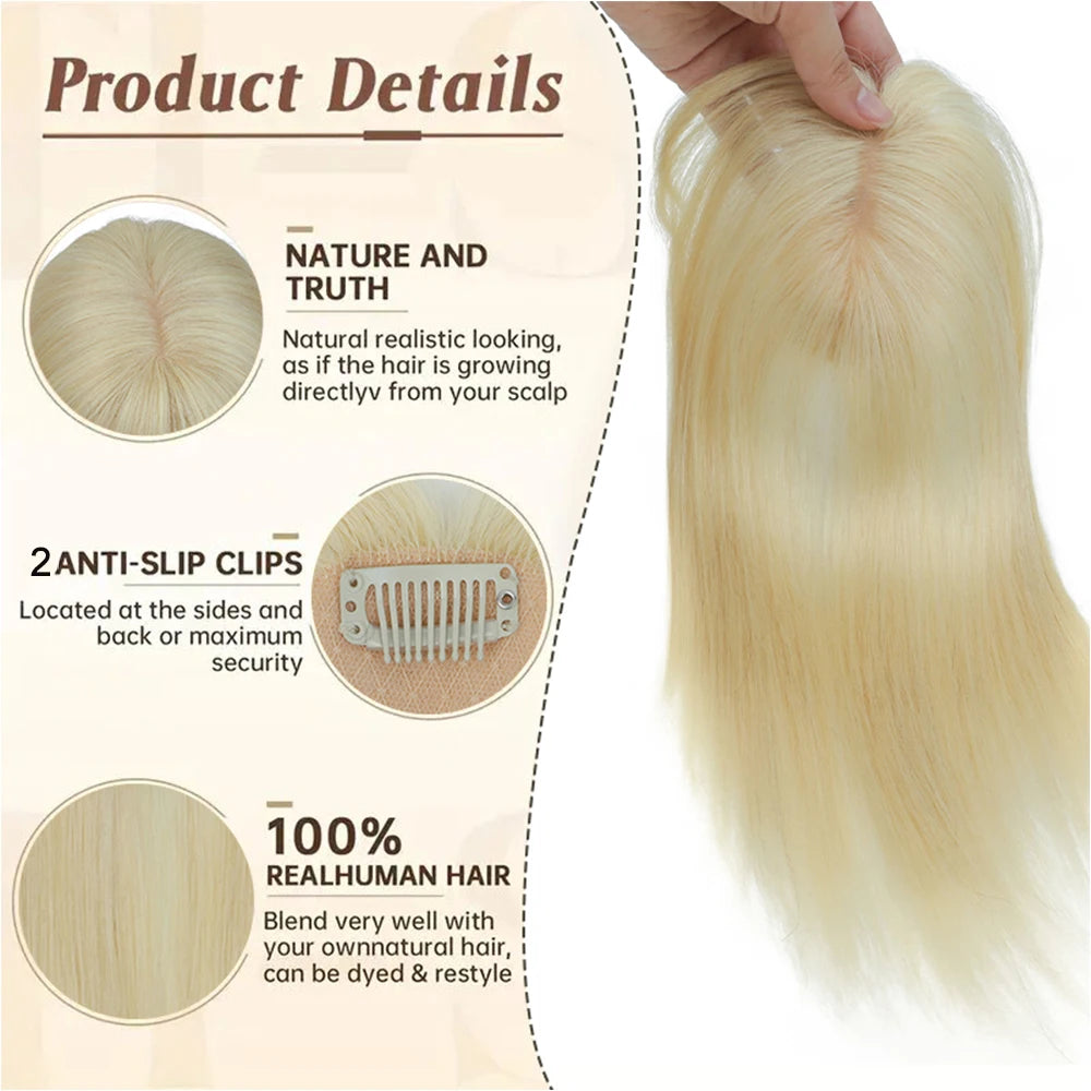 Human Hair Toppers For Women 4x13cm Silk Base Ultra-thin 360°Cover Wide Hairpart/Grey Hair Highly Breathable Easy Install&Remove