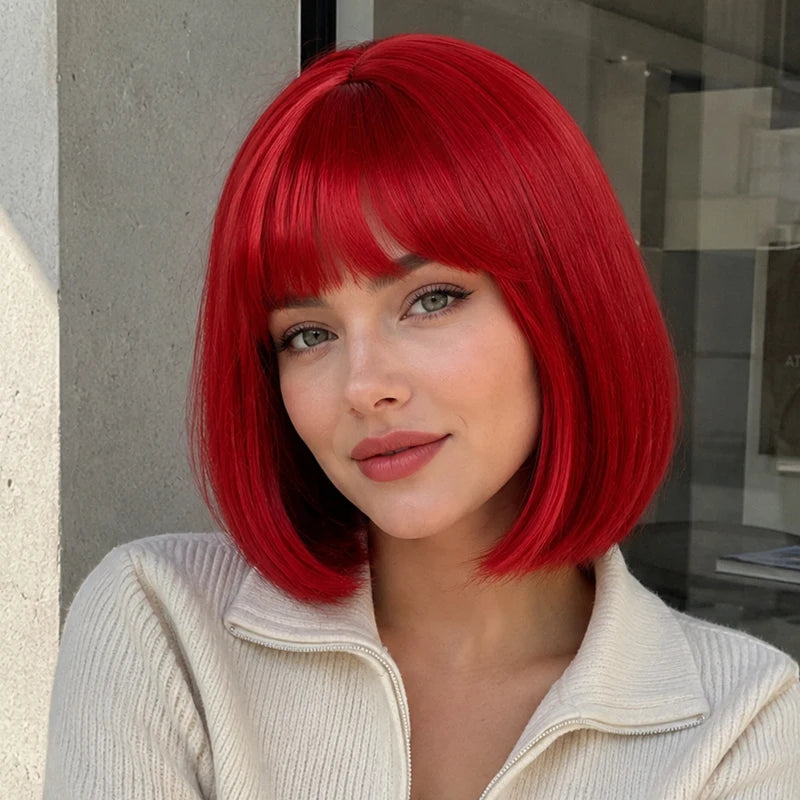 Stylish and elegant red bob with synthetic hair strands, 12-inch women's wig, suitable for parties and events.