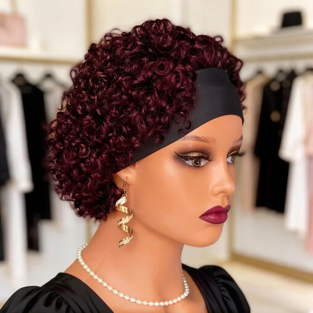 Human Hair Pixie Headband Curly Wig for Women –full machine made Lightweight Headband Wig with Natural Curls for Everyday Wear
