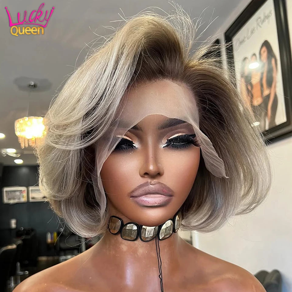 Light Gray Blonde With Brown Roots Short Bob Wig 180 Density Pre-Plucked 13x4 Lace Frontal Human Hair Wigs For Women Straight
