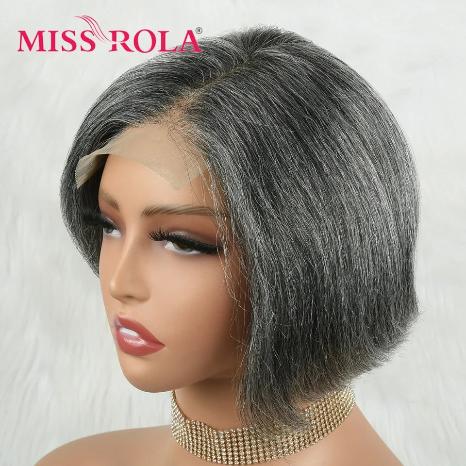 Miss Rola Brazilian 4X4 Lace Front Human Hair Wigs Grey Highlights #44 Bob Style Wavy Hair Lace Wig Remy 180% Density