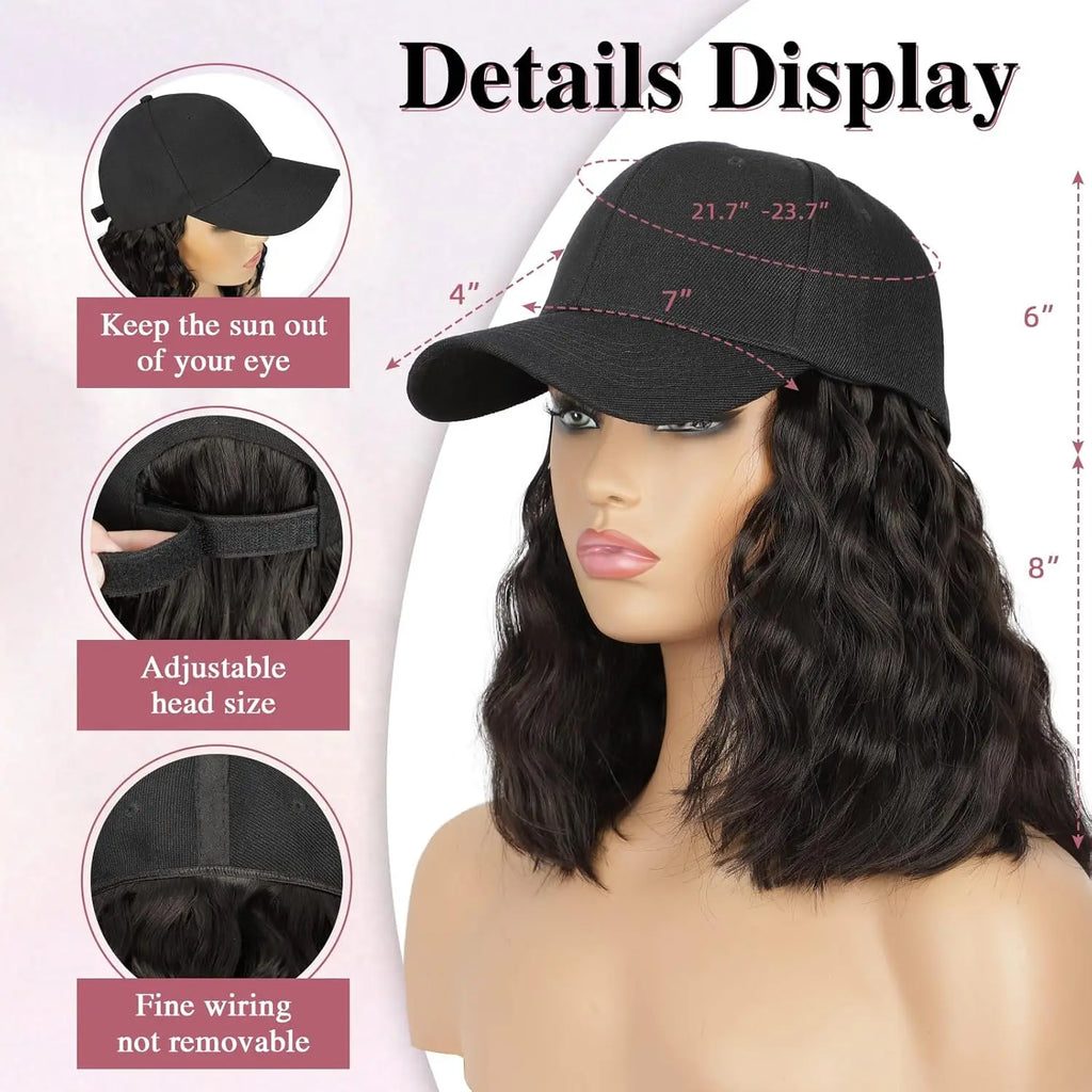 Hat Wig for Women Wig Cap with Curly Hair Extensions Hat with Hair Wave Adjustable Baseball Hat Synthetic Wigs