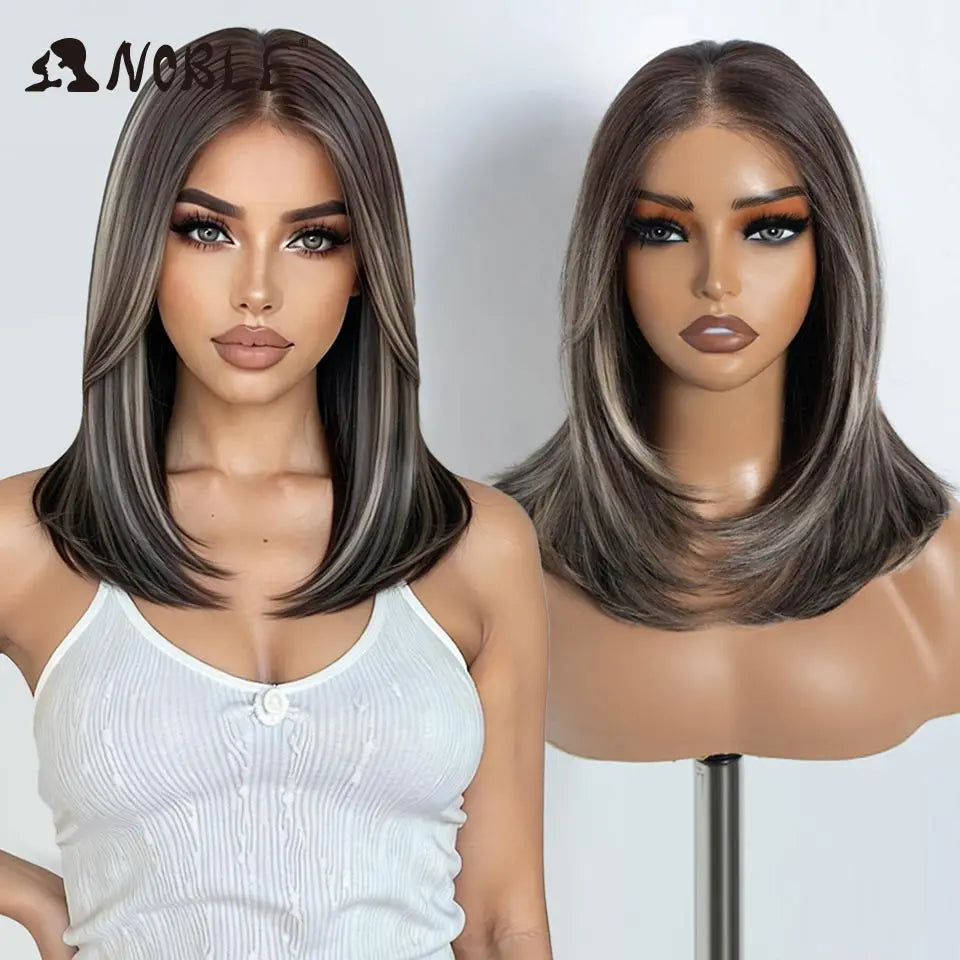 Noble Synthetic Lace Front Wig 13X3 Lace Free Part Pre Plucked Bob Wig 16" Straight Layered Ombre Grey Front Lace Wigs For Women