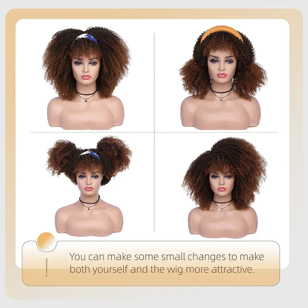 16 Inch Black Brown Natural Looking Synthetic Hair Afro Curly Wig for Black Women Kinky Curly Wig with Bang Short Curly Bob Hair