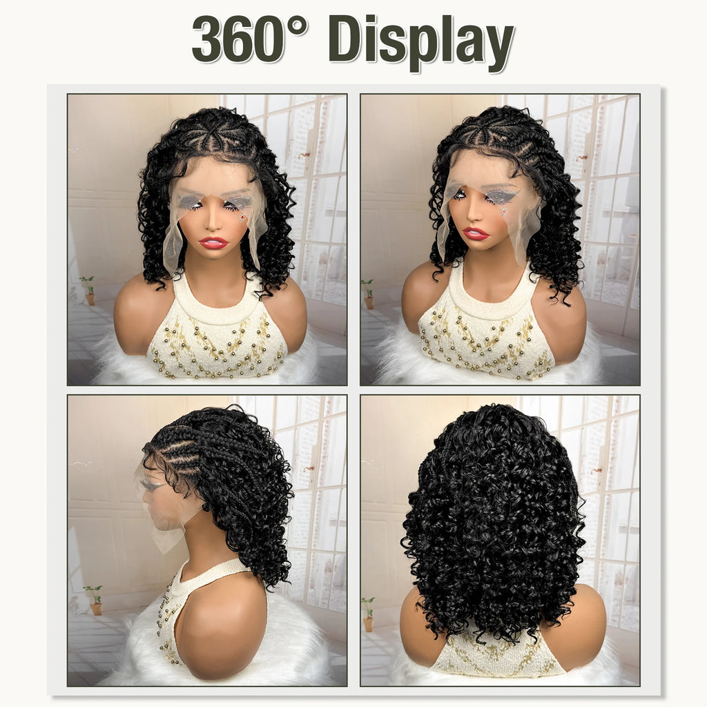 Synthetic 13x4 Lace Frontal Handmade Natural Cornrow Braided Wigs with Curly 16inch Bob African Hair Wigs for Black Women