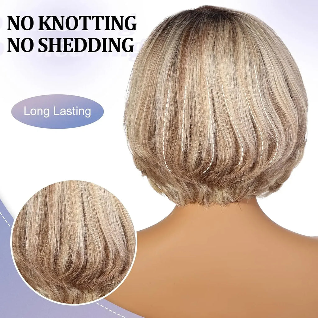 Short Layered Wavy Bob Wig with Bangs for Women Blonde Highlights Human Hair 12 inches HD Lace Front Wigs With Dark Roots