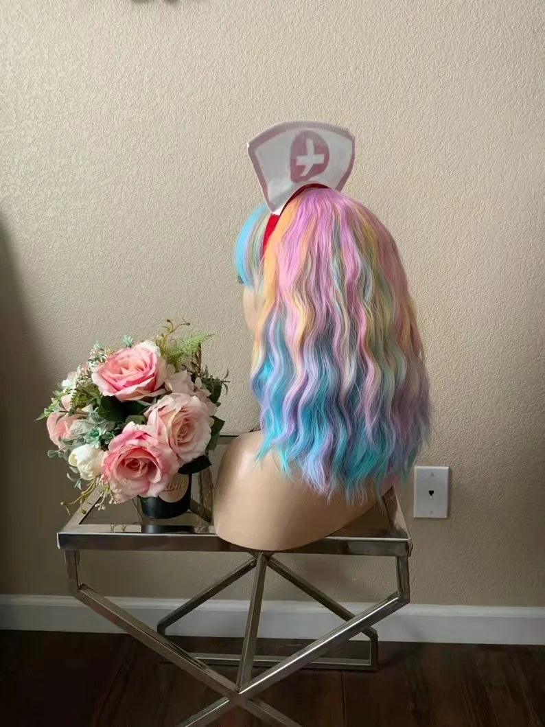 14" Women Short Wavy Curly Wig Rainbow Bob Wig Cosplay Halloween Synthetic Wigs With Neat Bang Wig  Rainbow