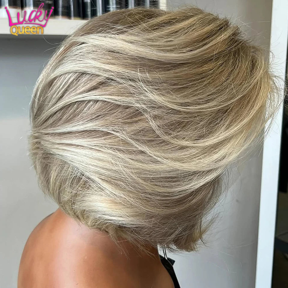 Light Gray Blonde With Brown Roots Short Bob Wig 180 Density Pre-Plucked 13x4 Lace Frontal Human Hair Wigs For Women Straight