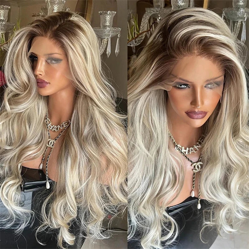 Glueless Wig Premium Fibre Synthetic Hair Lace Front Wig Platinum Ash Blonde Highlights colored Lace Front Wig Natural Hairline