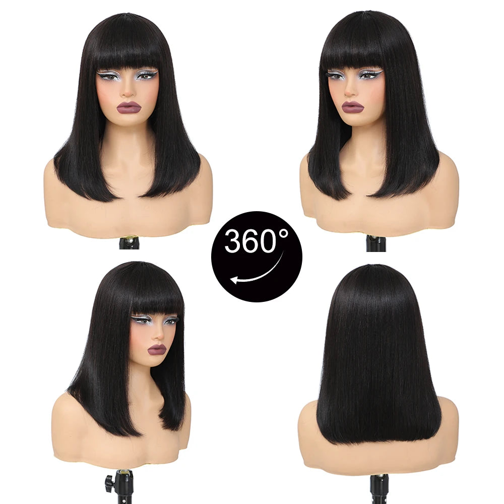 Bob Wig With Bangs Human Hair Bone Straight Brazilian Short Bob Wigs Human Hair For Women Ready To Wear Natural Black Color