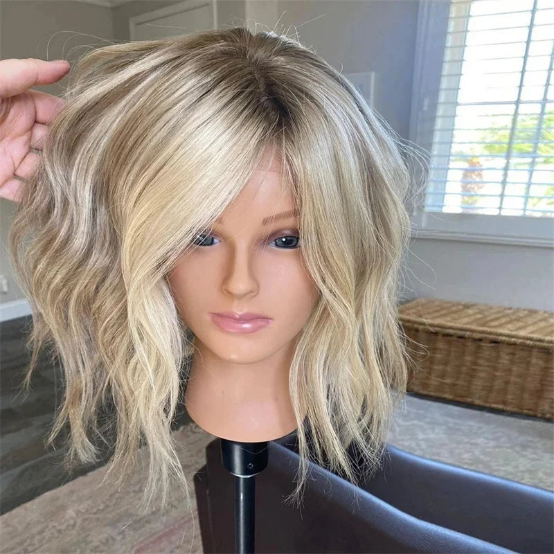 High Heat Fibre Realistic Lace Front Wig Ash Blonde Highlights HD Lace Wigs for Women Hair Loss 13x4 Glueless Short Bob Wavy Wig