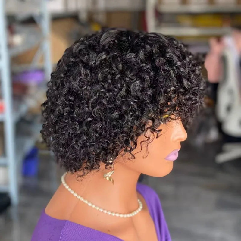 12A Human Hair Short Pixie Curly Fringe Wigs for Women 6inches Natural Color Full Machine Wigs Remy Hair with Bangs