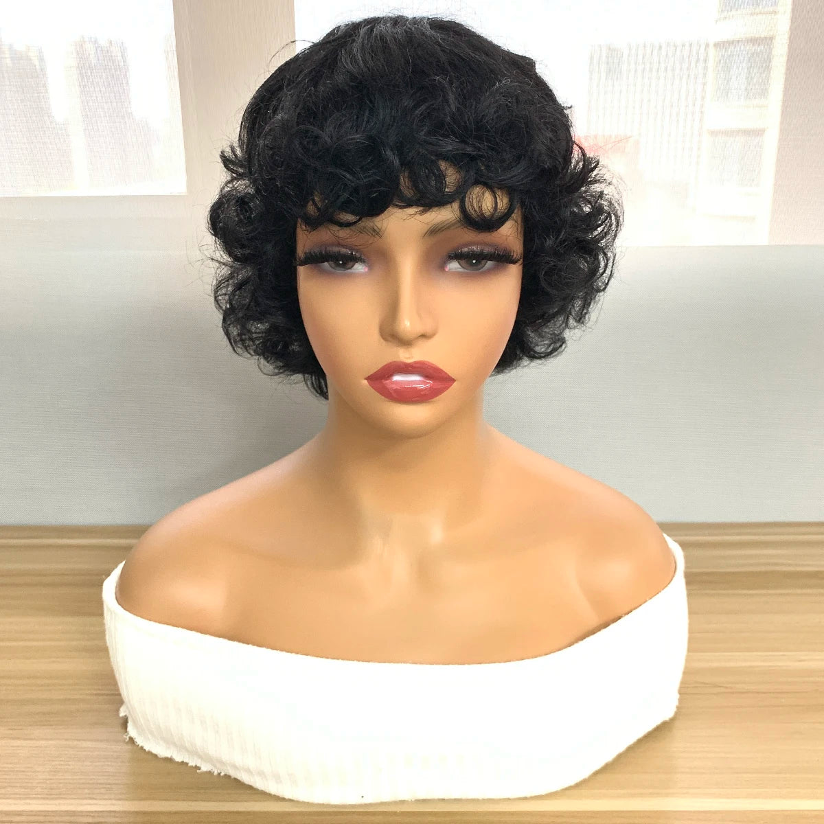 Bouncy Curly Short Pixie Bob Cut Human Hair Wigs With Bang Ombre Color Non Lace Full Machine Made Wig For Women Remy Hair