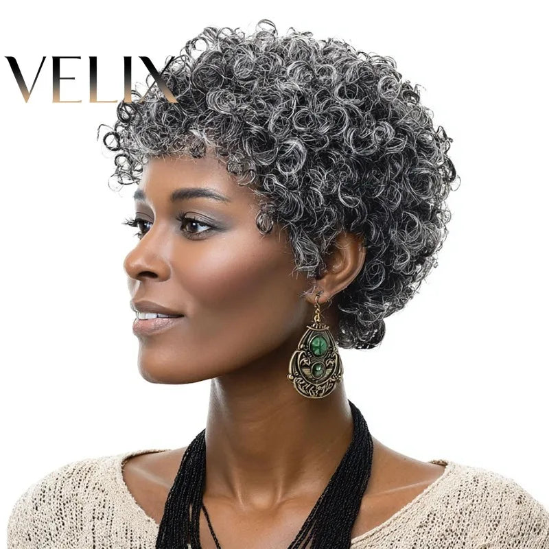 6 Inch 150% Density Full Machine Made Human Hair Wig Short Curly Light Gray Afro Wig Natural Looking For Black Women Daily Wear