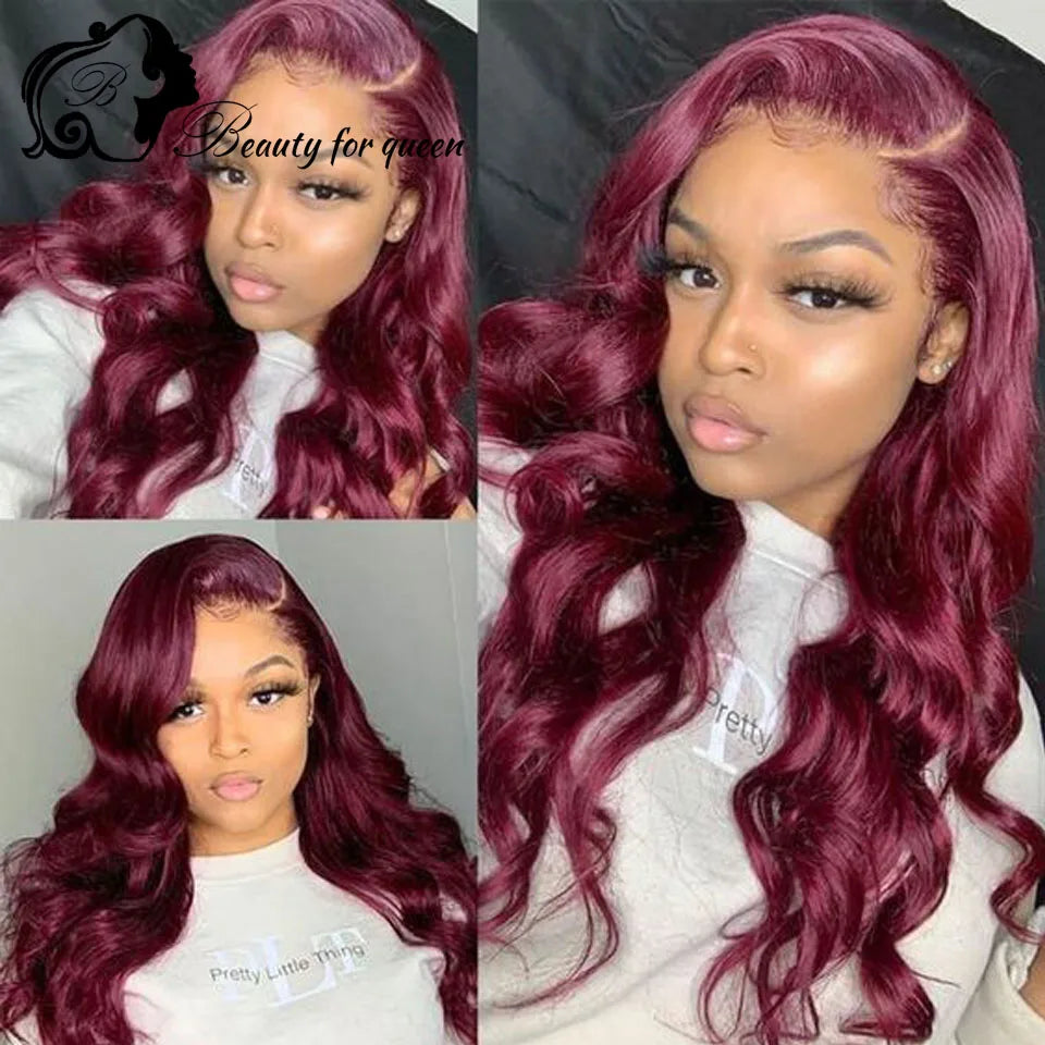 High Quality Pre Plucked Colored Dark Red Bone Straight 2026 13x4 Lace Frontal Wigs Brazilian Human Hair Women Cosplay Customize