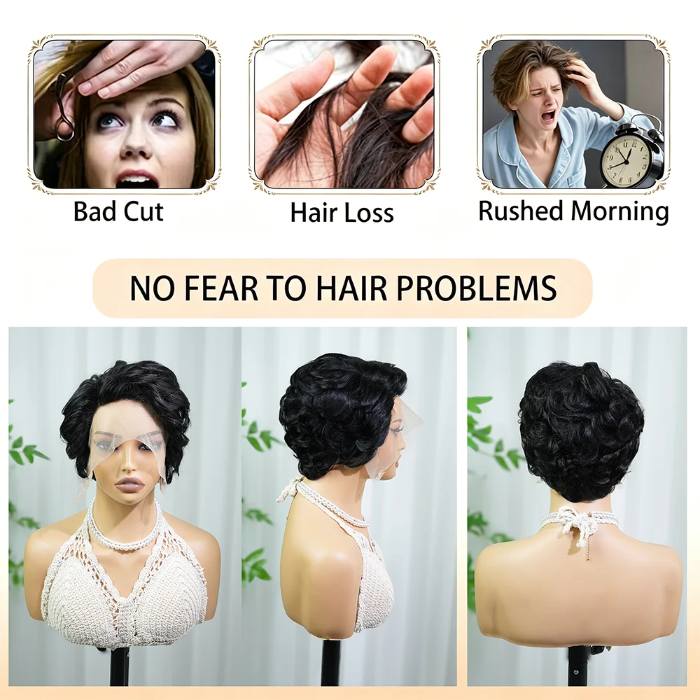Black Curly Pixie Wigs Human Hair 100% Natural Realistic Tangle Free 13X4X1 Lace Front Glueless Wig For Women Ready To Wear