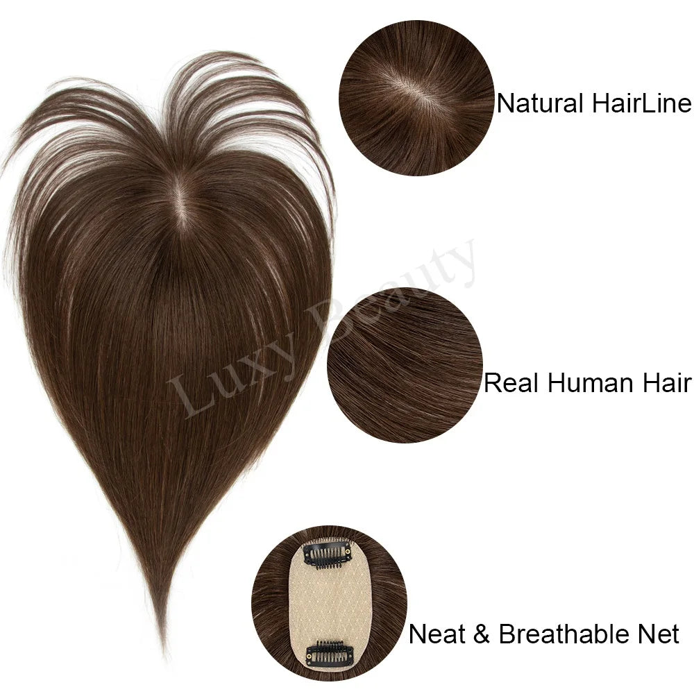 Human Hair Topper With Bangs Women 5x9cm Natural Black Brown Highlights Blonde Skin Scalp Clip in Topper Hair Pieces Human Hair