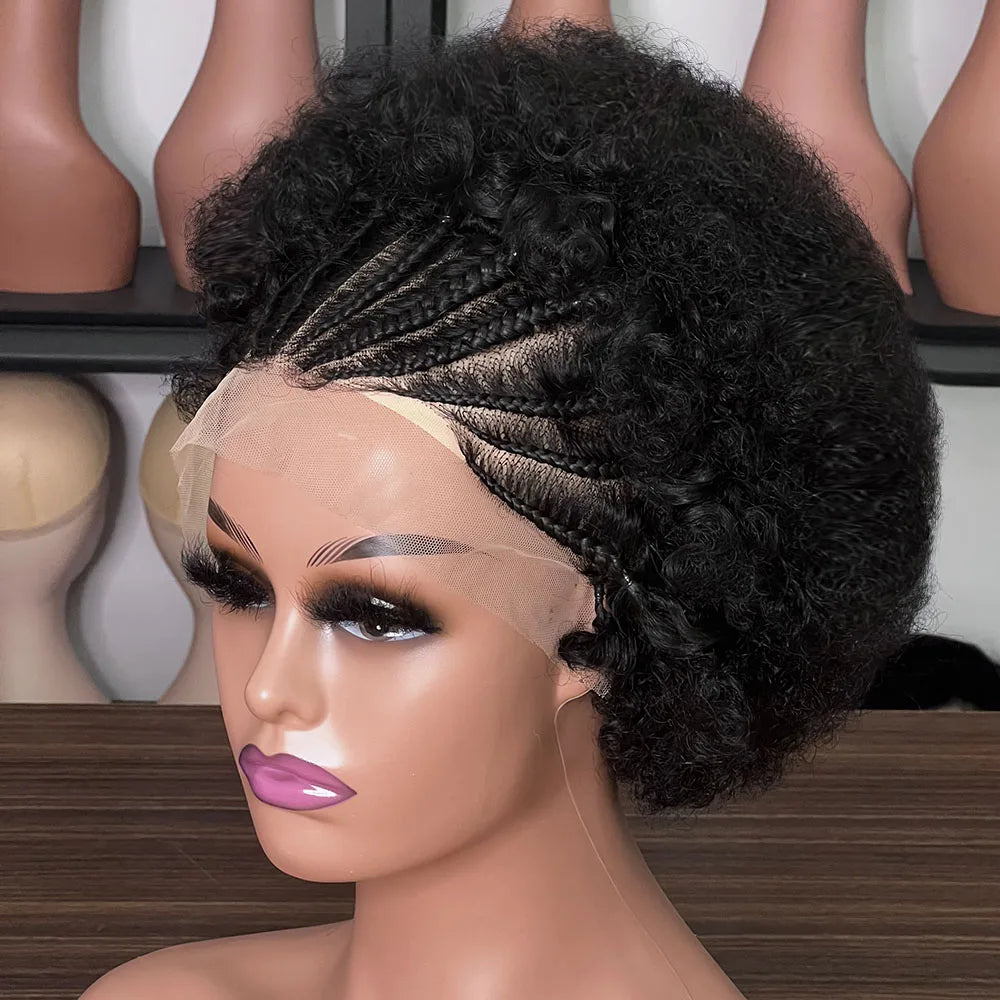 Afro Curly Wigs Colorful Human Hair Wigs with Braids 13×4 Lace Front Wig Remy Human Hair Wig for Women