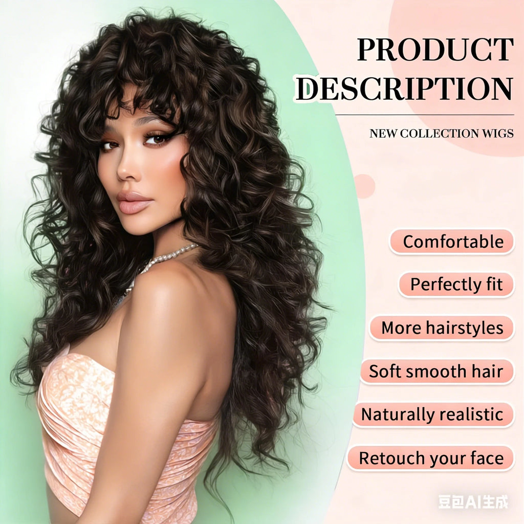 Natural Black Long Curly Synthetic Wigs for Women with Bangs Heat Resistant Hair for Daily Party Cosplay Halloween Styling