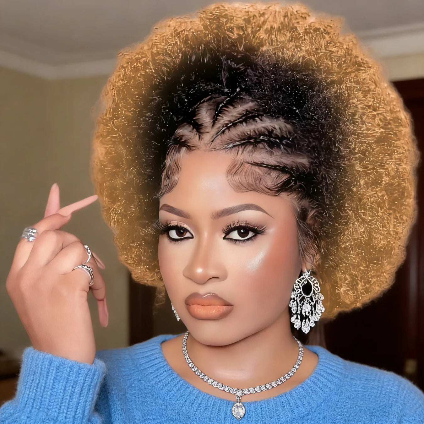 13x4 Lace Front Braided Wigs Human Hair, Pre Braided Afro Kinky Curly Wigs Afro Puff Design for Women