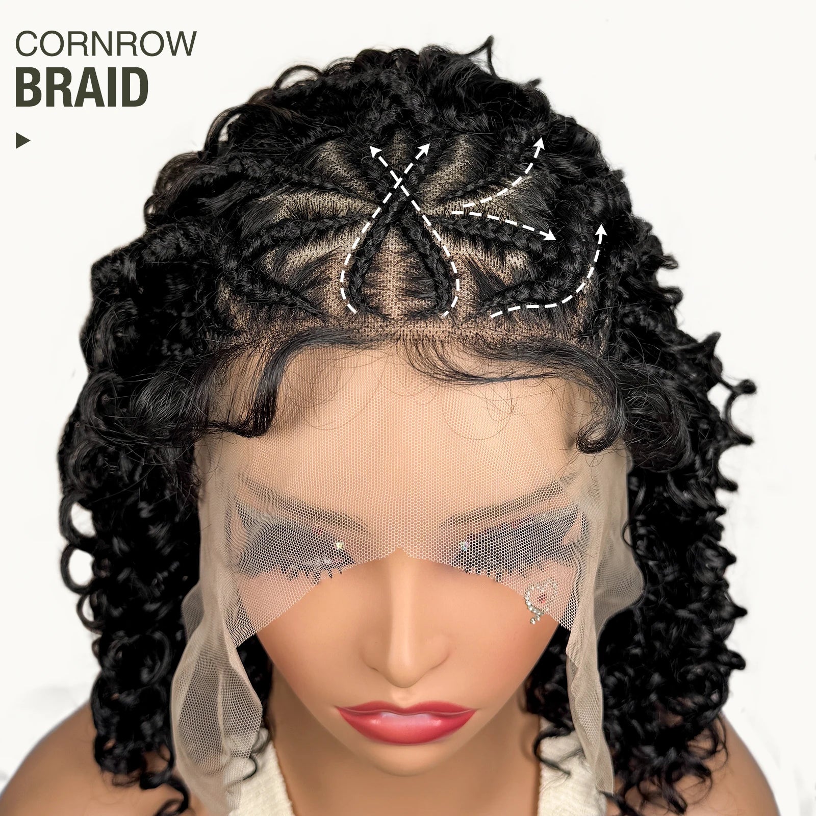 Synthetic 13x4 Lace Frontal Handmade Natural Cornrow Braided Wigs with Curly 16inch Bob African Hair Wigs for Black Women