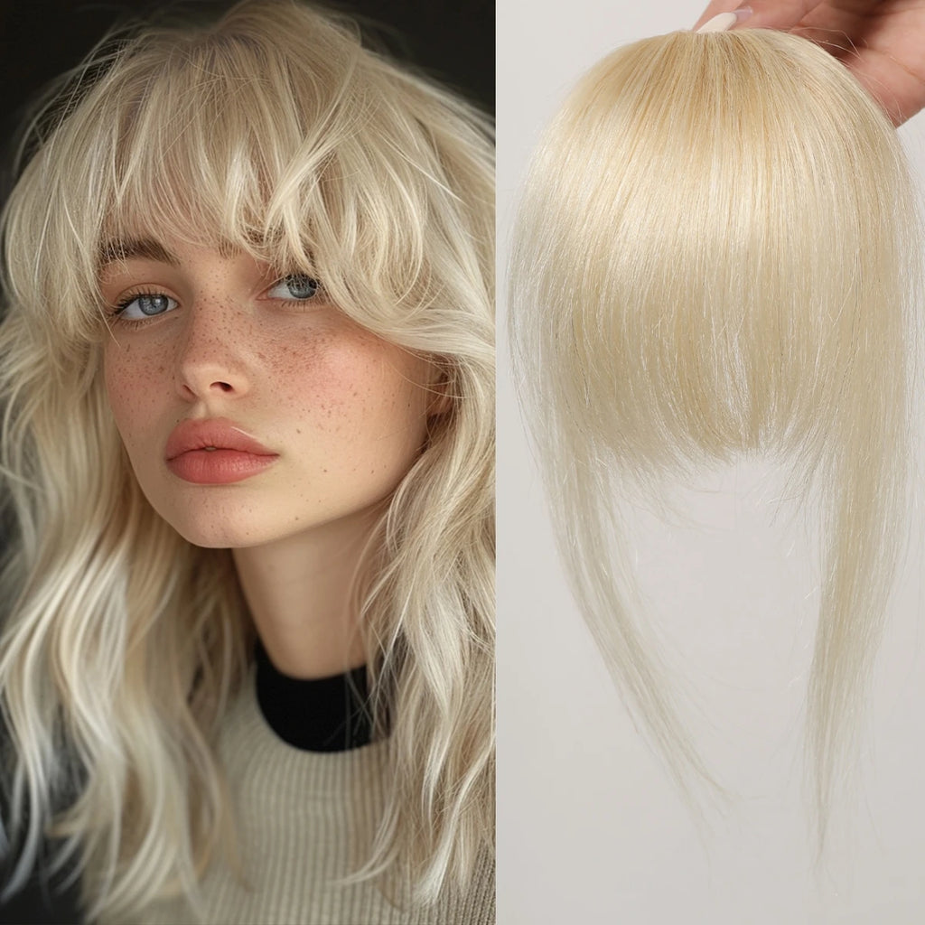 100% Human Hair Bangs Platinum Blonde Human Hair Air Bangs Straight Human Hair Pieces for Women Blunt Bangs 4.5in Hair Extension