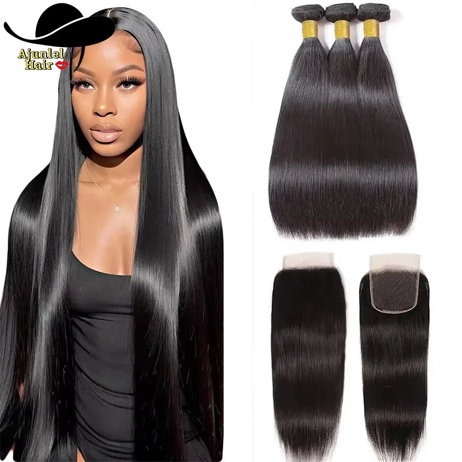 Peruvian Hair Bone Straight Human Hair Bundles With 4x4 HD Transparent Lace Closure 100% Virgin Human Hair Bundles Extension