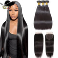 Peruvian Hair Bone Straight Human Hair Bundles With 4x4 HD Transparent Lace Closure 100% Virgin Human Hair Bundles Extension