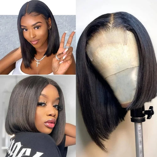 100% Human Hair Black Straight Bob Wig Brazilian Remy 13x4 Transparent Lace Front Wigs 4x4 Closure Lace Frontal Short Bob Wigs