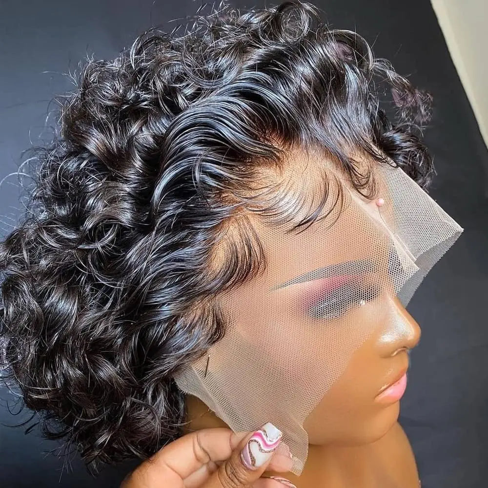 13x1 Transparent Lace Front Wigs Pixie Cut Wig Human Hair Brazilian Remy 100% Human Hair Short Curly Human Hair Wig
