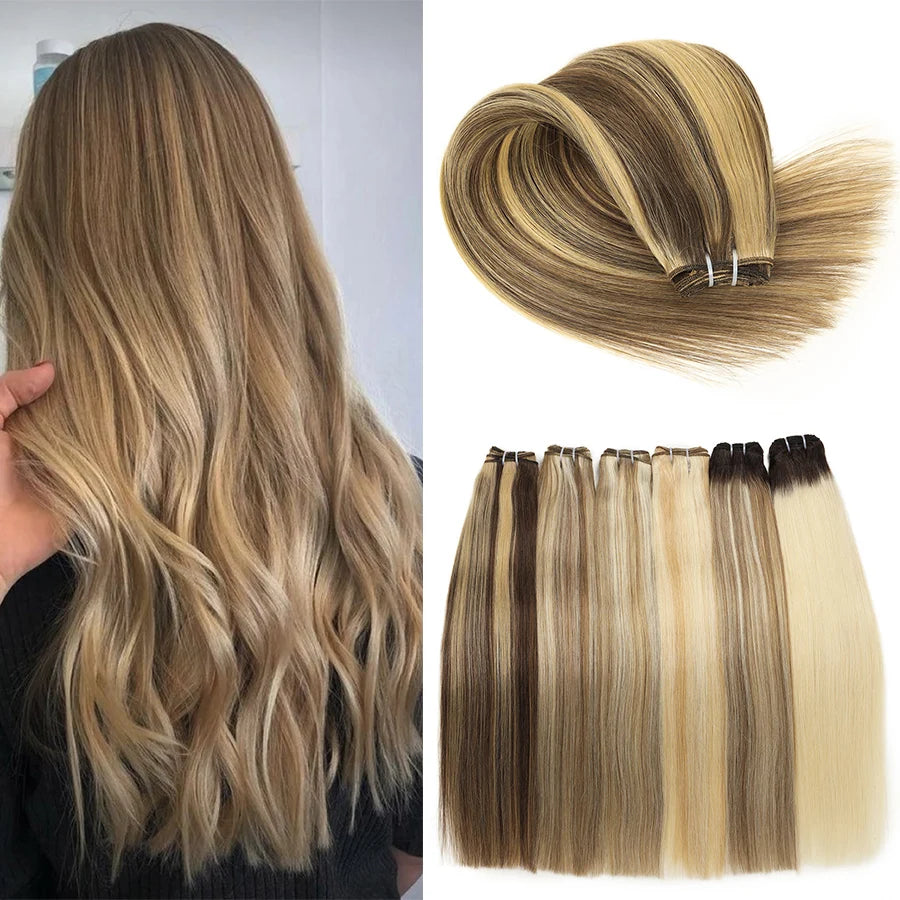Straight Real Human Hair Weaves 100% Remy Human Natural Hair Bundles Sew In Weft Hair Extensions Ombre Blonde For Salon