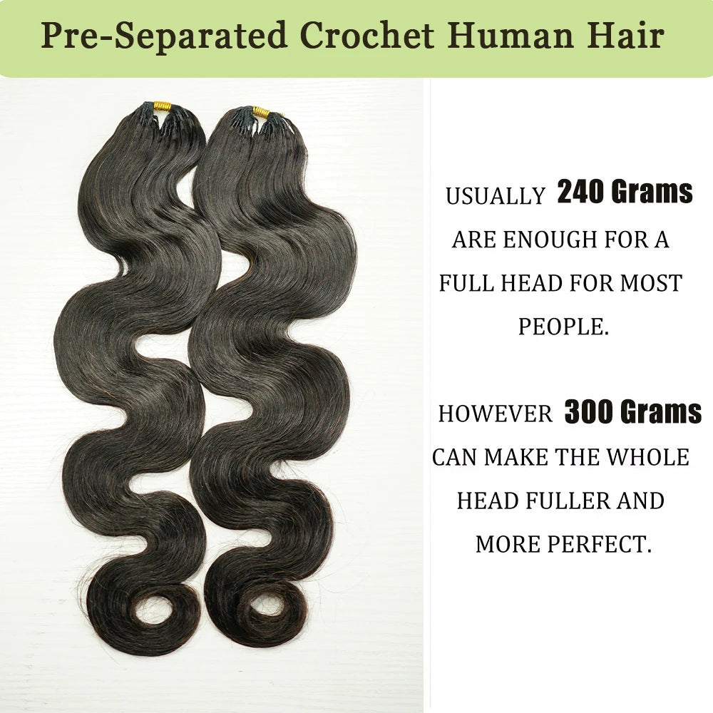 Feather Crochet Braid Hair Extensions Knotless Pre-Separated Crochet Hair Extensions Human Hair Body Wave 100% Human Hair