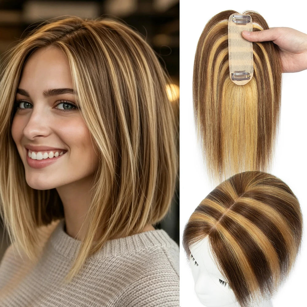 Human Hair Toppers For Women 4x13cm Silk Base Ultra-thin 360°Cover Wide Hairpart/Grey Hair Highly Breathable Easy Install&Remove