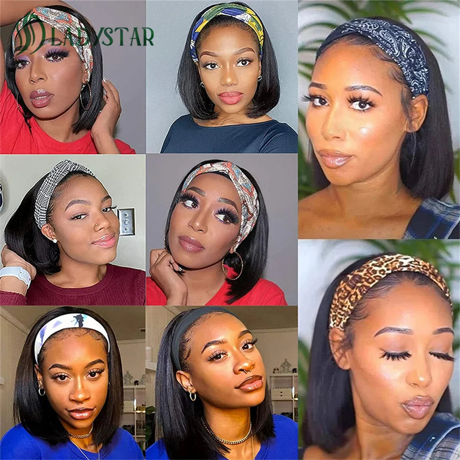 Short Bob Headband Wigs Brazilian Human Hair Wig With Headband  For Women Full Machine Made Straight Bob Human Hair Wigs