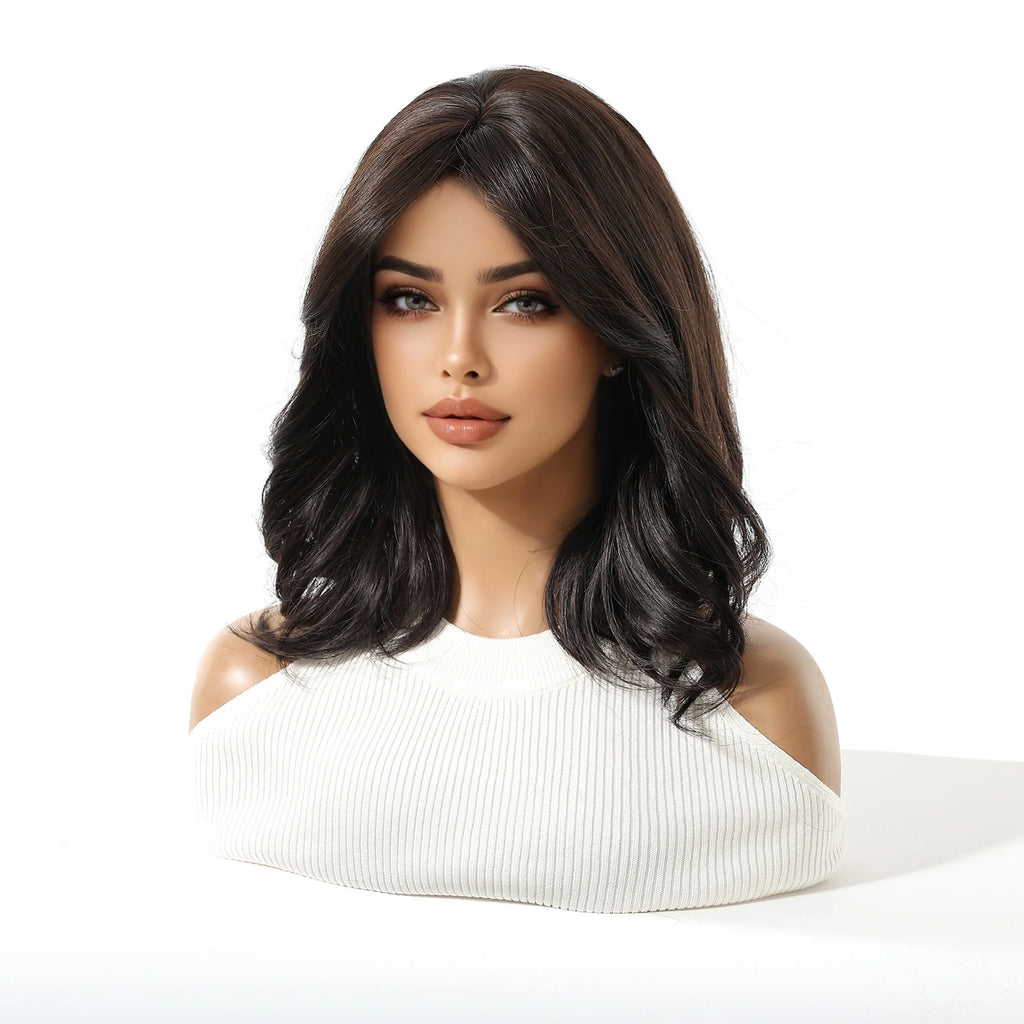 Short Wavy Bob Wigs for Women Dark Brown Black Bob Natural Synthetic Wig Middle Part Daily Party Lolita Use Heat Resistant Fiber