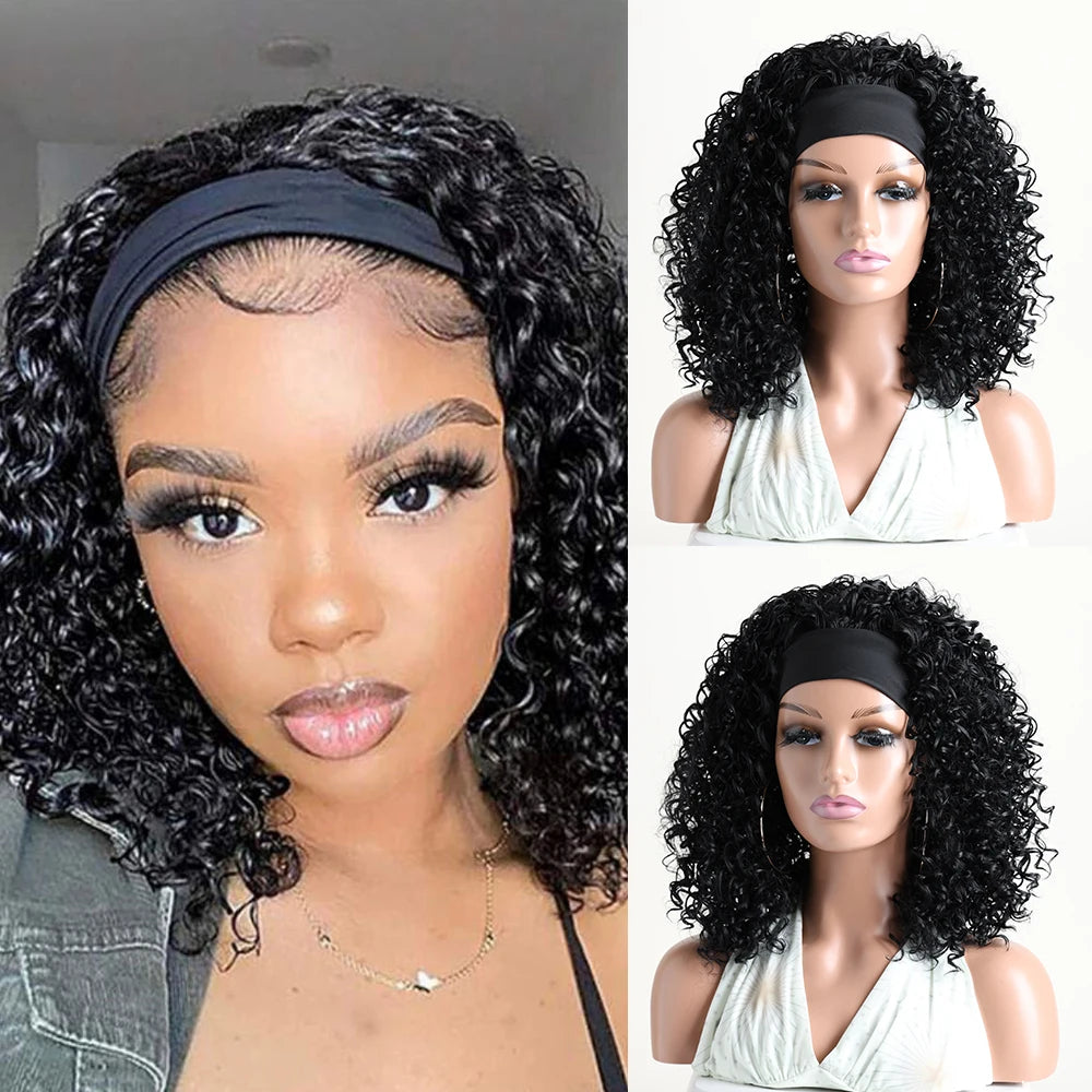 16 Inch Headband Synthetic Natural Kinky Curly Black Brown Wigs For Black Women Daily Party Use Heat Resistant Fake Hair