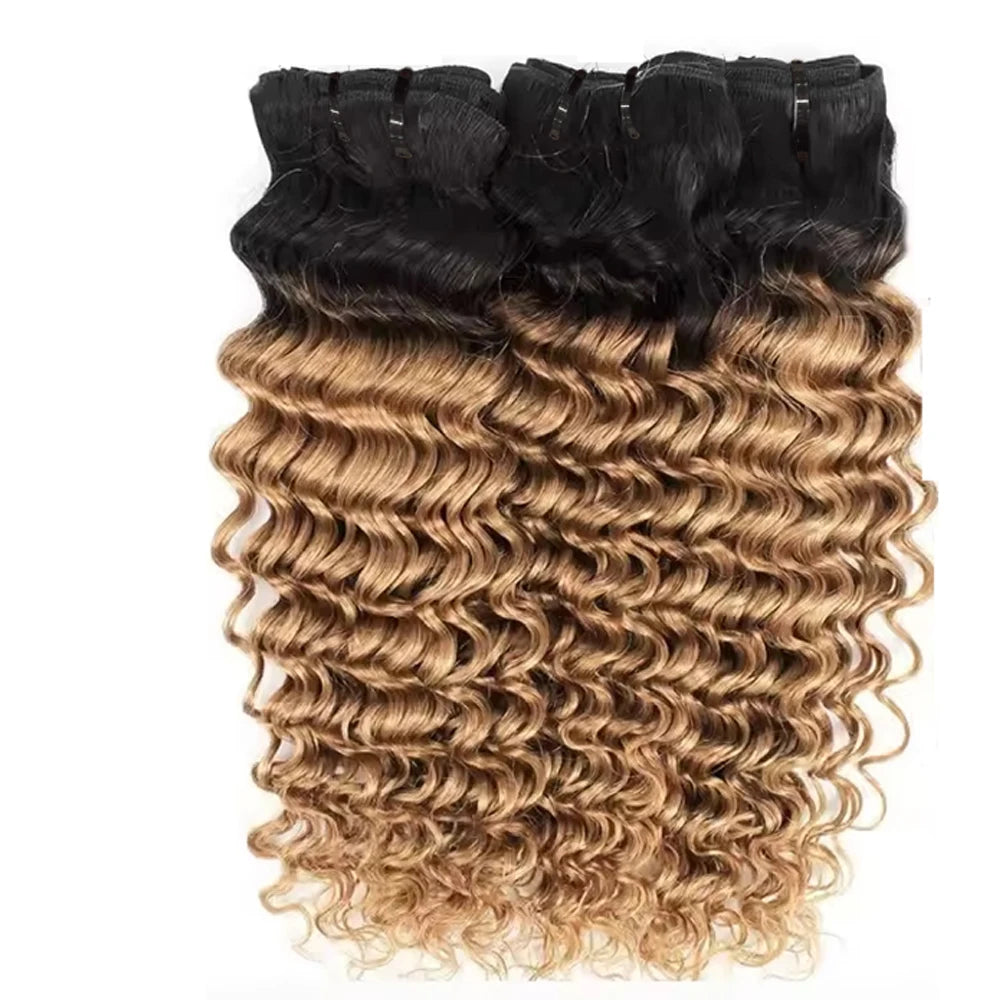 16A 100% Human Hair T1B/27 Honey Blonde Human Hair Bundles Deep Wave Hair Weft Ombre Color #27 Brazilian Hair Extensions 1/3 Pcs