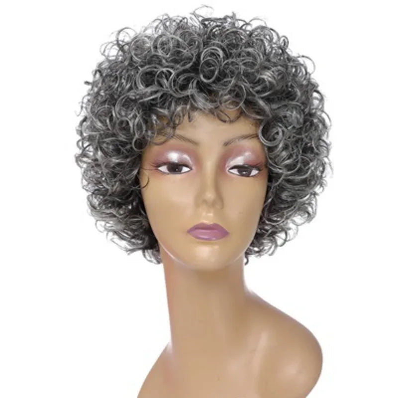 6 Inch 150% Density Full Machine Made Human Hair Wig Short Curly Light Gray Afro Wig Natural Looking For Black Women Daily Wear