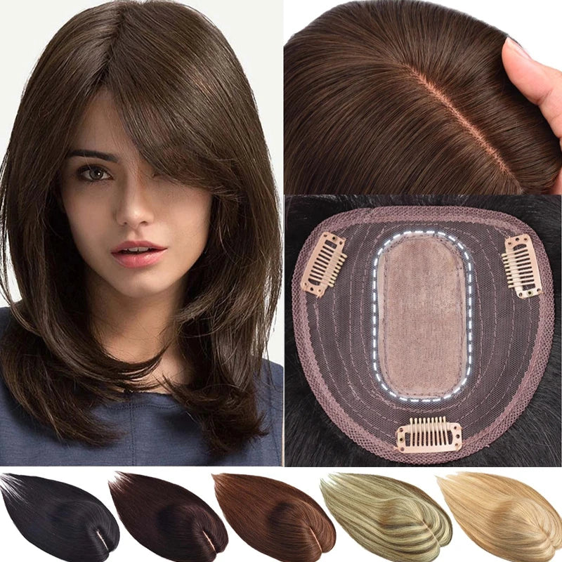 Remy Human Hair Women Topper – 12" Straight Hairpiece with Lace Front & Natural Parting Clip In Wig For Woman