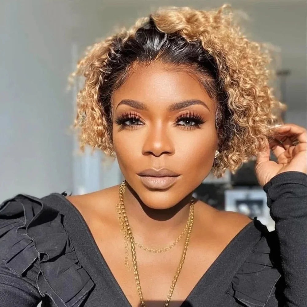 99J Short Curly Lace Front Human Hair Wigs 13X1 Pixie Cut Short Curly Human Hair Wigs Red Water Wave Wigs For Women Human Hair
