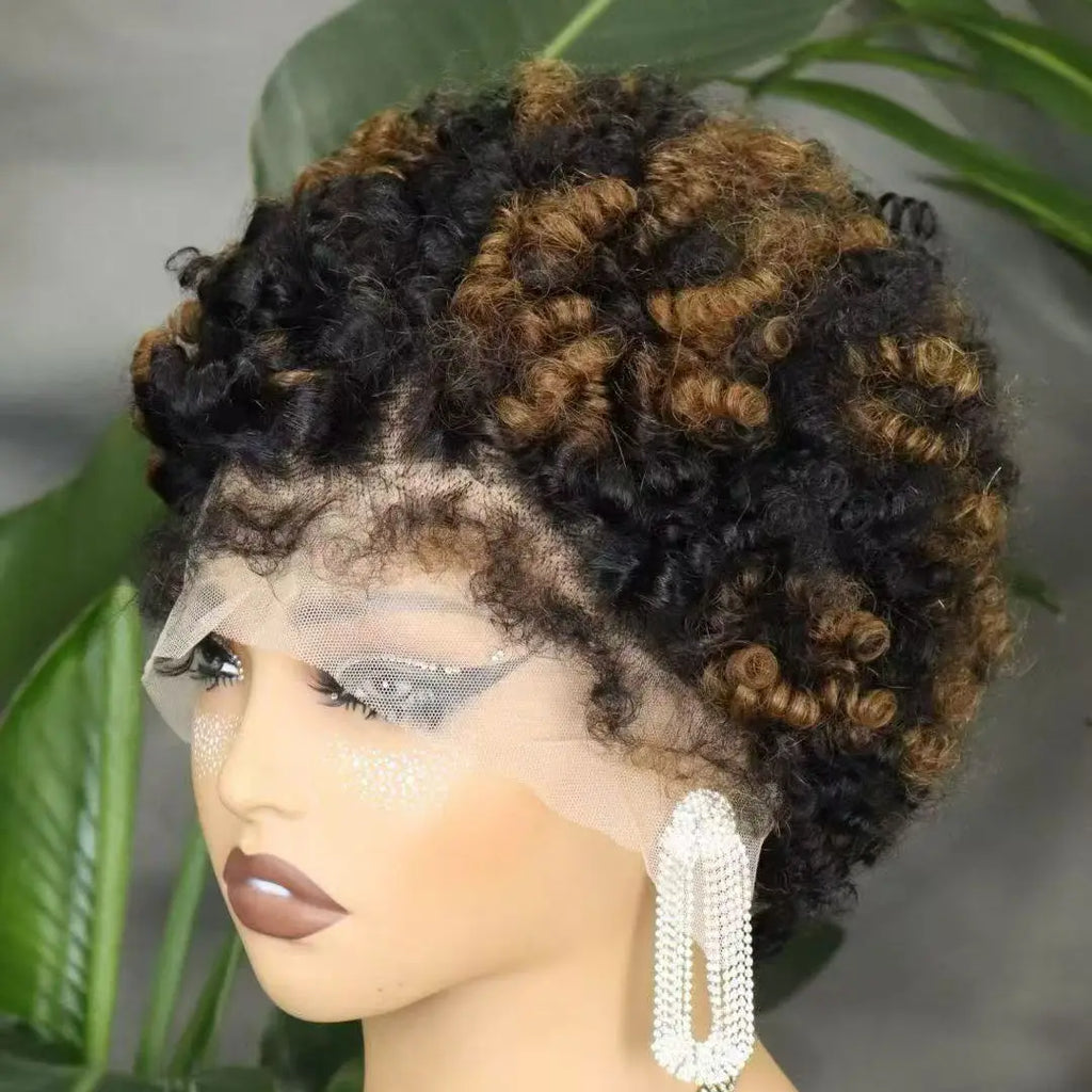 Short 4C Hairline Dark Ombre Afro Kinky Curly Bob Wig Human Hair Wigs 13x4 Lace Front 4C Edges Natural Hairline Wigs for Women