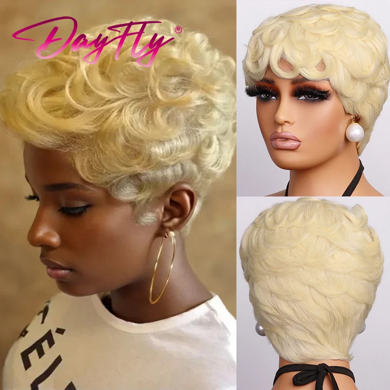 Blonde Curly Pixie Cut Wigs Short Colorful Human Hair Wigs For Black Women Brazilian Hair Full Machine Made Glueless Wigs 150%