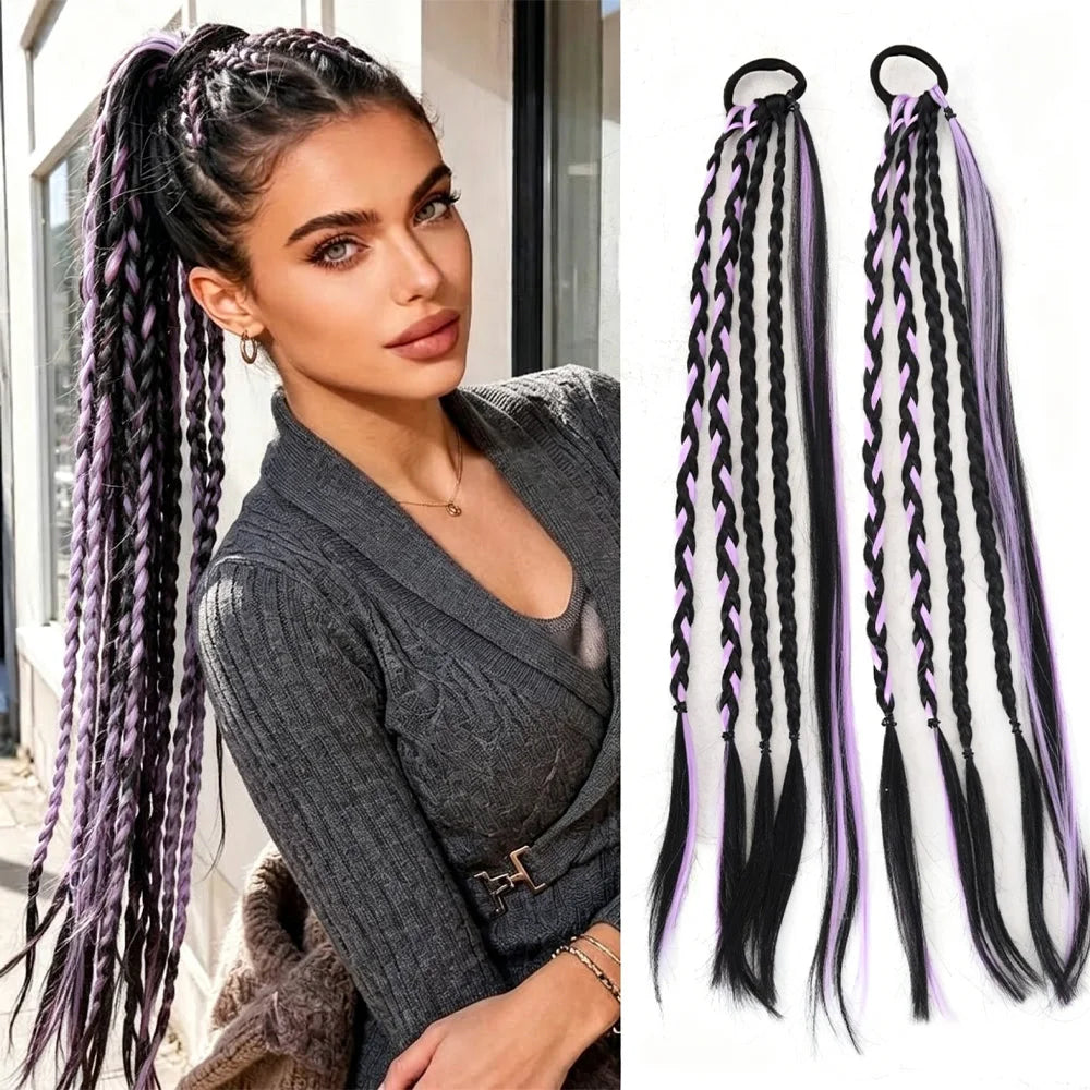 Long Braided Ponytail Extension Synthetic Hair Extensions Red Black Colored Box Braids with Rubber Band Hairpiece for Women
