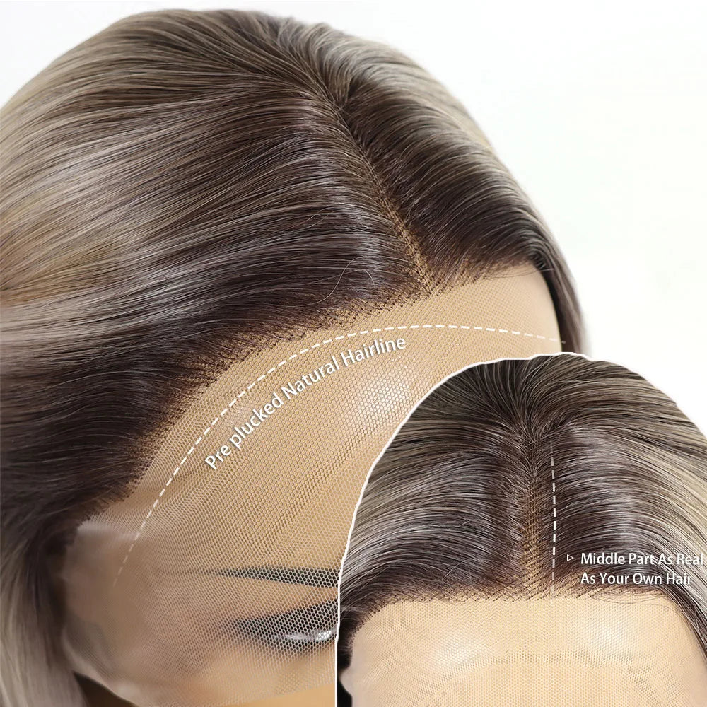 Ash Blonde Bob Lace Front Wig Dark Roots Synthetic Lace Front Wig Short Straight Colored Blonde Wig for Women Daily Use