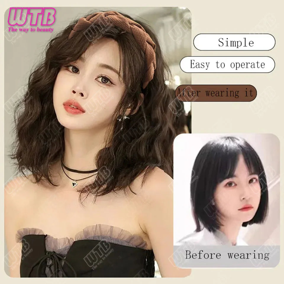 Short Wavy Curly Headband Wig Clip on Hair Extension U-Shaped Hairpieces Synthetic Natural Fake Half Wig for Women