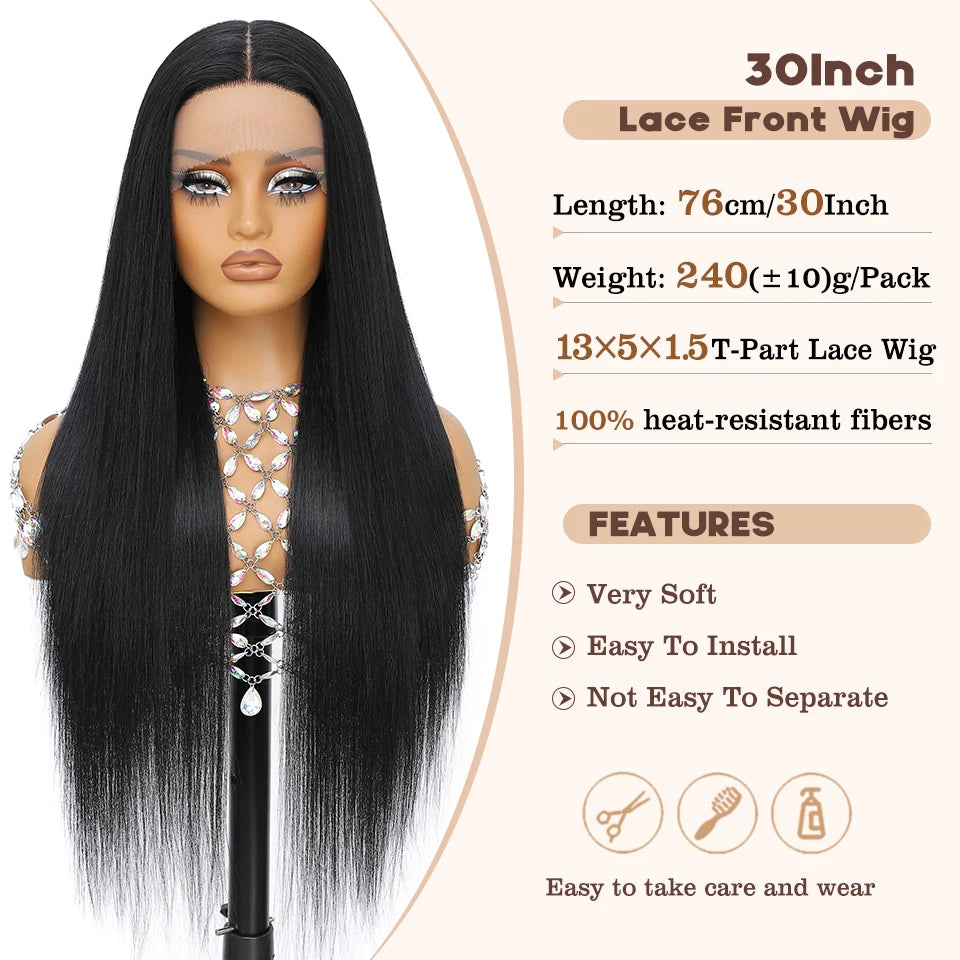 Lace Front Wig 30 Inch Synthetic Straight T Part Lace Wig For African Women High Temperature Fiber Pink Blonde HD Lace Women Wig